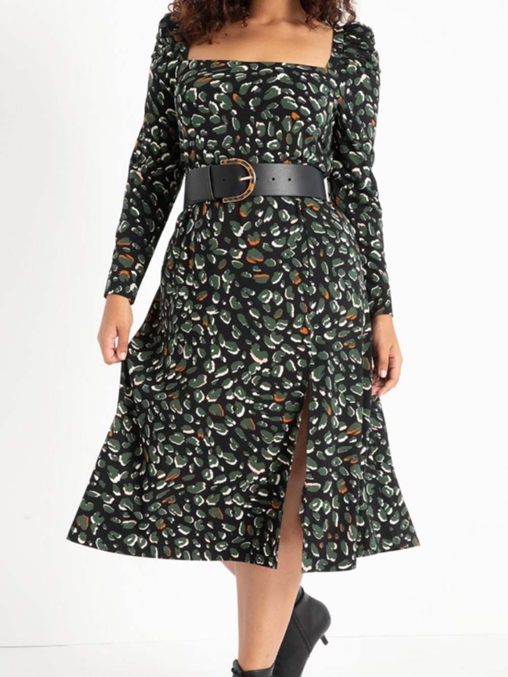 Eloquii Black Green Square-Neck Long-Sleeve Midi Dress 16
